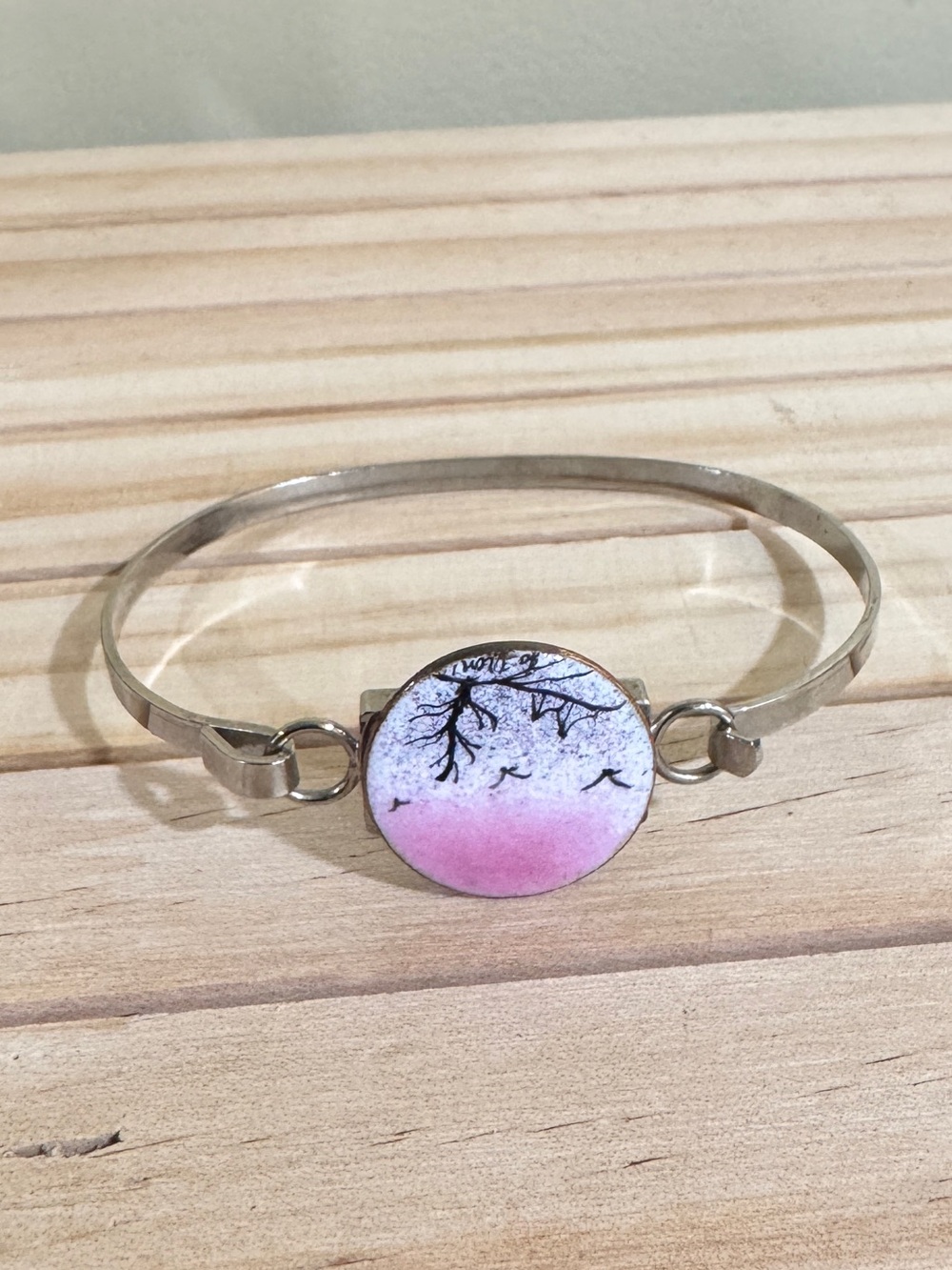 Vintage hand painted Bangle Bracelet with Pink Ombre Tree
